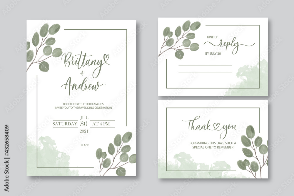 Wedding vector floral invite invitation thank you, reply watercolor design set: eucalyptus green leaves elegant greenery.