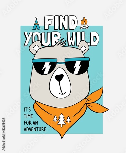 Vector camper bear with text and camping them illustrations. For t-shirt prints, posters and other uses.