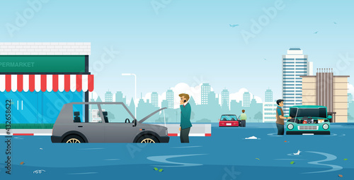 A man called a mechanic to consult the car breakdown from the flood.