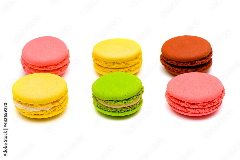 six color macaron cakes on a white background six color macaron cakes on a white background