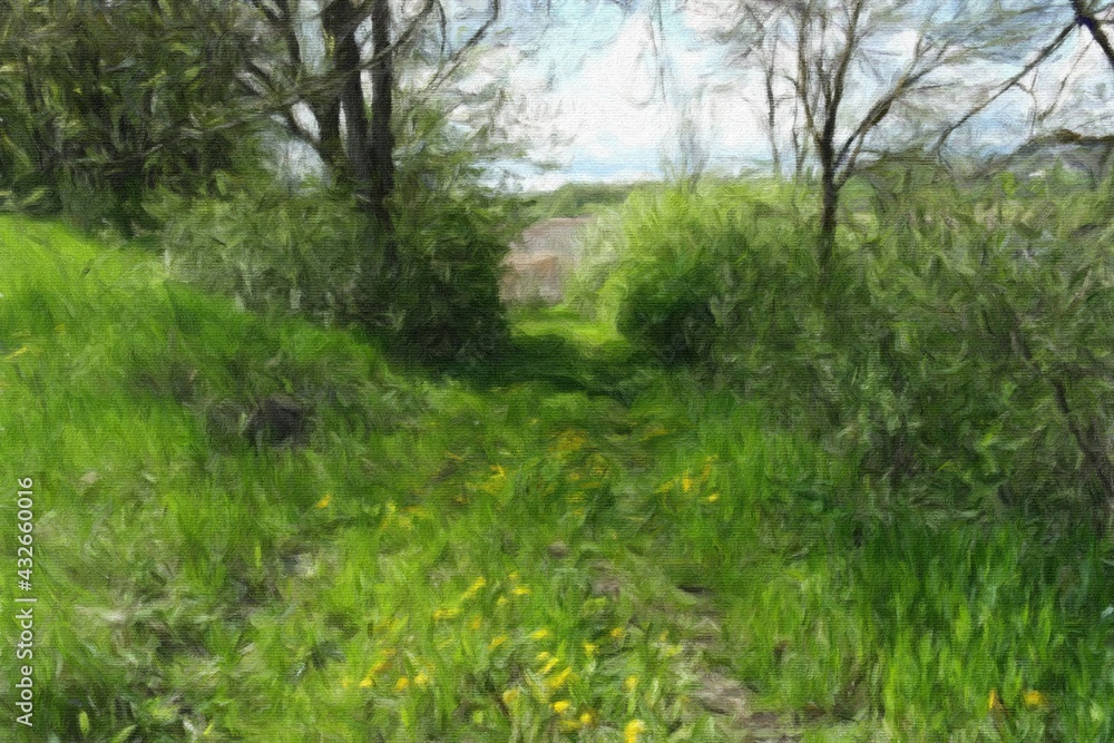 Oil paintings spring landscape, grass in the morning. Fine art Oil paintings spring landscape, grass in the morning. Fine art
