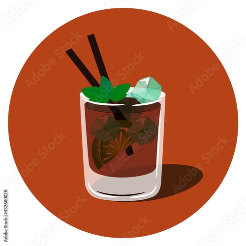 A glass of Cuba Libre cocktail with straws, ice cubes and a slice of lime vector illustration