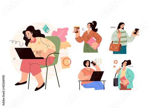 Set of modern city business woman girls students isolated on white background. Vector flat modern style graphic design illustration