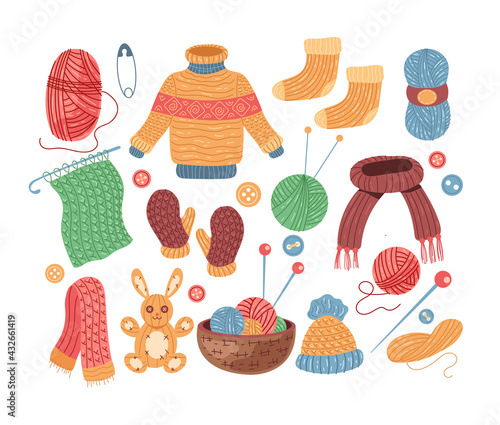 Set of knit handmade woolen clothes isolated on white background. Vector flat modern style graphic design illustration
