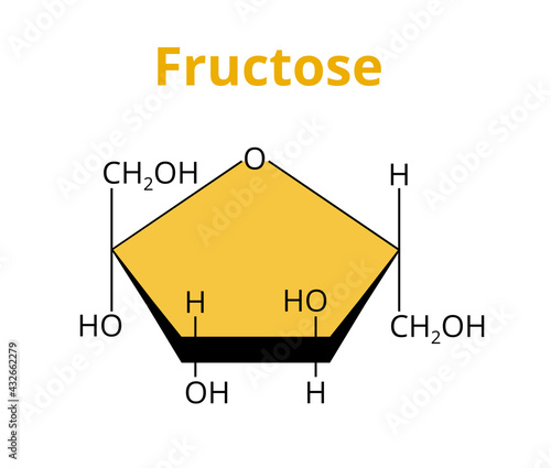 2D vector molecular structure of the dietary monosaccharide fructose or fruit sugar – ketonic simple sugar. The structural formula of d-Fructose, β-d-fructofuranose is isolated on a white background.