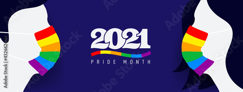 Silhouette of man and woman with protective face mask colored in rainbow. Pride and COVID-19 protection concept. LGBT flag color and logo 2021 pride month. Flat banner, card, web, vector illustration.
