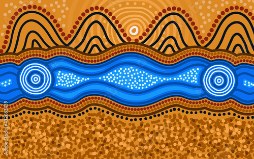 River and hill, aboriginal dot art