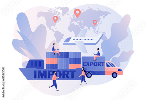 Import and export concept. Maritime, air and land shipment. Global trade. Logistics business. Sale goods and services worldwide. Modern flat cartoon style. Vector illustration on white background