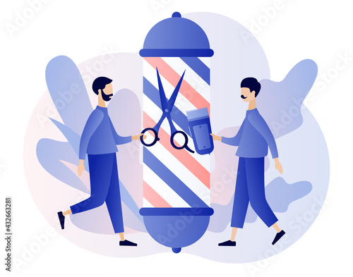 Barbershop. Tiny men and barbers care hair and beard. Haircut, beard trimming and shaving services concept. Male salon. Modern flat cartoon style. Vector illustration on white background