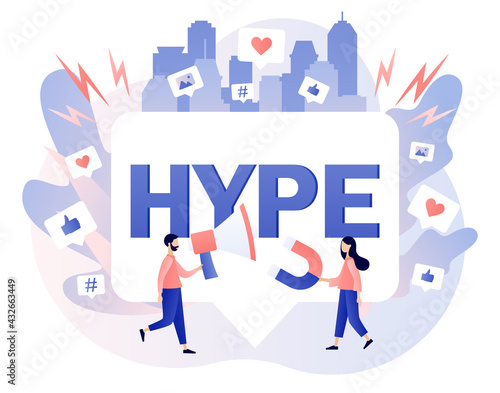 Hype marketing. Tiny people following internet trends. Social media viral or fake content. Bloggers, celebrities, influencers need more likes. Modern flat cartoon style. Vector illustration