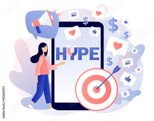 Hype - text on smartphone screen. Tiny people following internet trends. Social media viral or fake content. Bloggers, celebrities, influencers need more likes. SMM. Modern flat cartoon style. Vector 