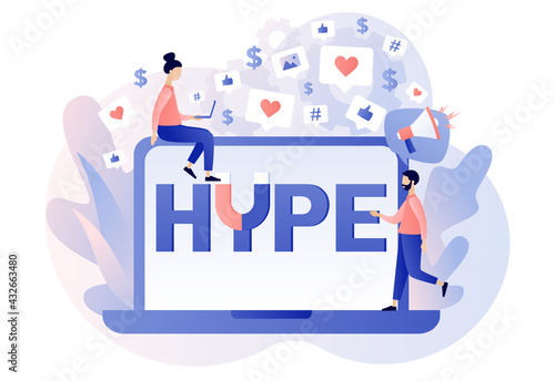 Hype - text on laptop screen. Tiny people following internet trends. Social media viral or fake content. Bloggers, celebrities, influencers need more likes. SMM. Modern flat cartoon style. Vector