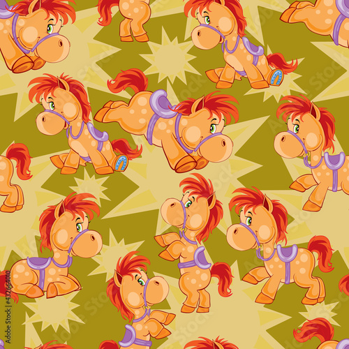 pattern, cute brown rocking horse on green background, isolated object on white background, vector illustration,