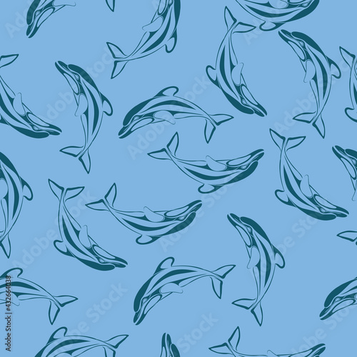 pattern, contours of dolphins on a blue background, isolated object on a white background, vector illustration,