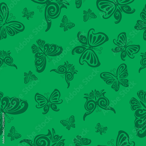 pattern, dark contours of butterflies on a green background, isolated object on a white background, vector illustration,