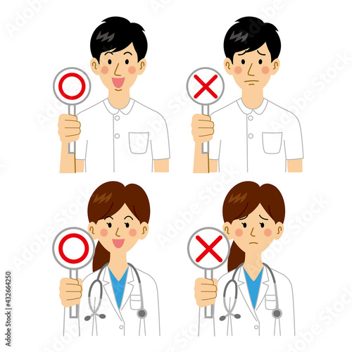 正解、不正解の札を上げる女医と看護師