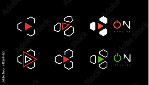Set of Play button. Start and launch icon, hud and gui design element. Digital multimedia logo template for music, video, audio player sign collection.Vector illustration.