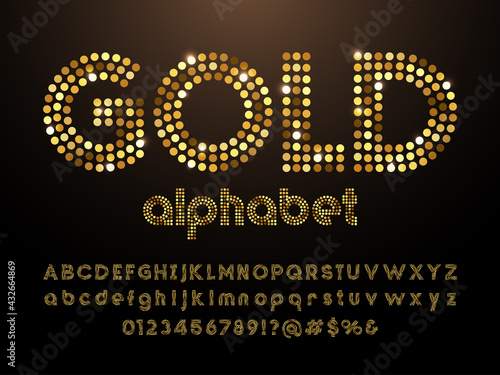 Gold dotted glittering style alphabet design with uppercase, lowercase, numbers and symbols