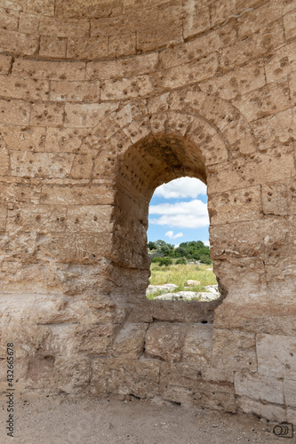 The window  in the ruins of the Byzantine church of St. Anne near the Maresha city in Beit Guvrin, Kiryat Gat, in Israel
