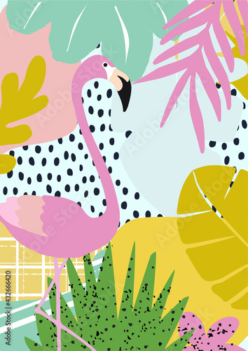Tropical flowers and leaves poster background with flamingos. Colorful summer vector illustration design. Exotic tropical art print for travel and holiday, fabric and fashion © blossomstar