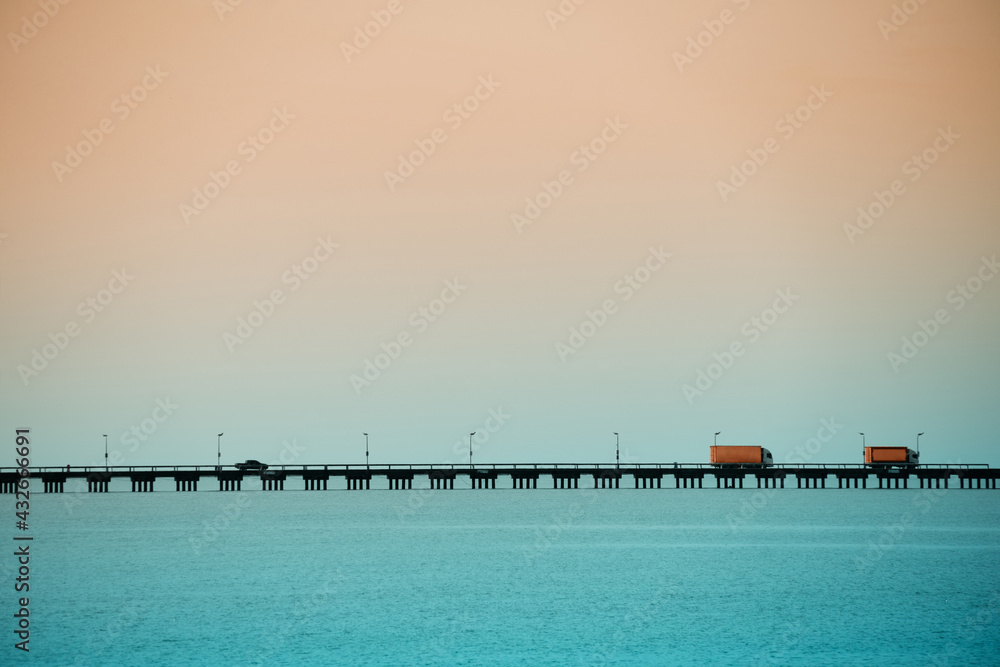 seawater with car on pier bridge minimalism summer nature background