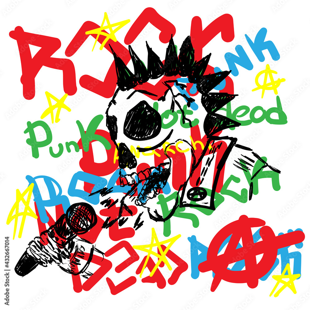 Singing skull with mohawk on abstract background with handwritten text. Drawn by hand. Vector illustration. Singing skull with mohawk on abstract background with handwritten text. Drawn by hand. Vector illustration.