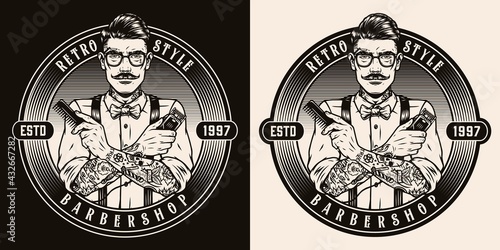 Barbershop retro monochrome round emblem