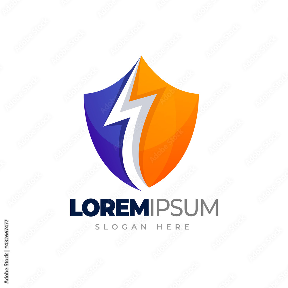 Fototapeta premium Thunder shield logo. Shield with lightning flash gradient logo template