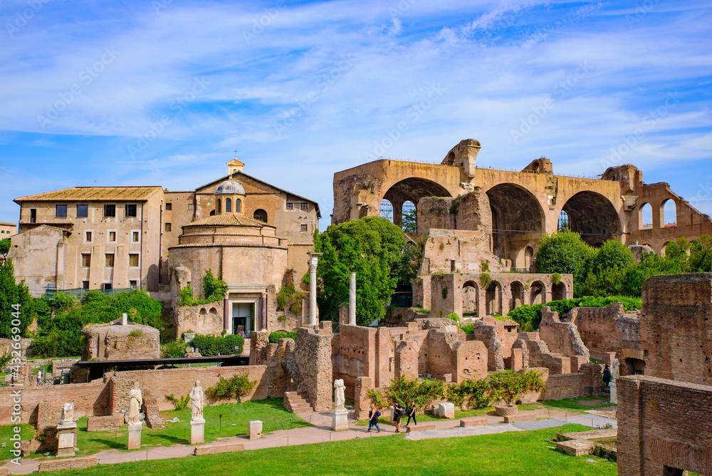 Basilica of Maxentius at Roman Forum, a forum surrounded by ruins in Rome, Italy