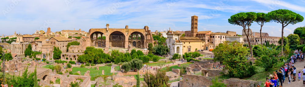 Panorama of Colosseum and Roman Forum, a forum surrounded by ruins in Rome, Italy