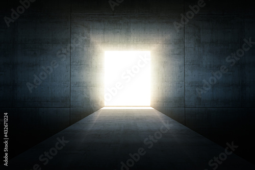 Abstract dark concrete  with opening glowing doorway and bright light coming in. Success busines concept 3D Rendering