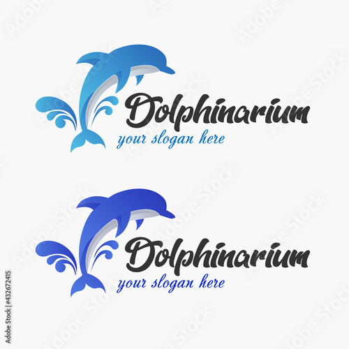 Dolphinarium oceanarium logo. Aqua, marine park with jumping dolphin element. Underwater zoo sign.