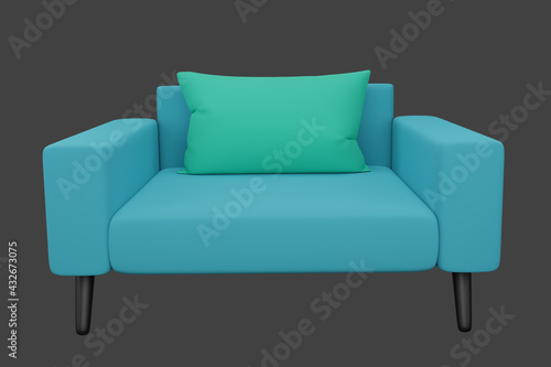 Blue sofa with green pillows, 3D renderings turn out to be very stylish and beautiful. Isolated on white background