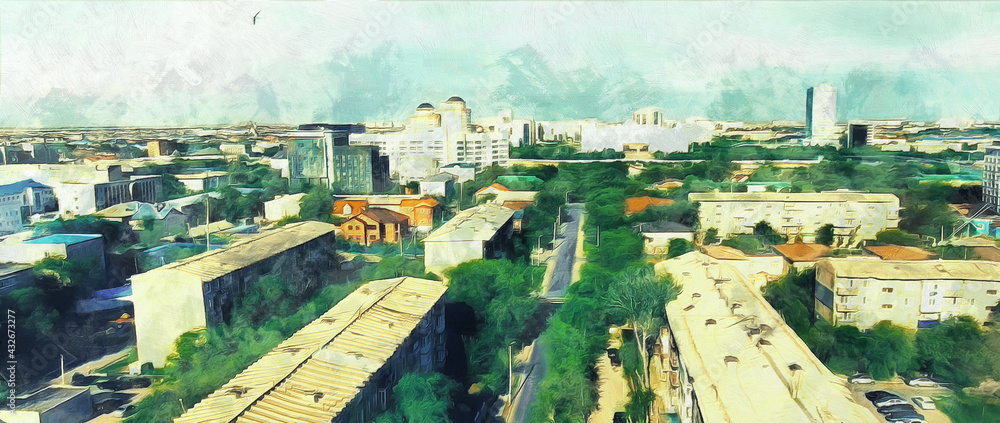 Panoramic view of the city. Sunny day. Artistic work