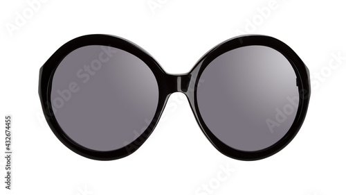 Elegant women's sunglasses with a black plastic frame round shape isolated on a white background. Front view.