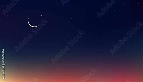 Ramadan Kareem card design background in Dramatic Night with Crescent Moon,Star with Blue, Purple and Orange Sky,Vector Banner of Religions Symbolic of Islamic or Muslim for Eid Mubarak, Eid al fitar