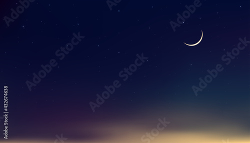 Ramadan Kareem card design background in Dramatic Night with Crescent Moon,Star with Blue, Purple and Orange Sky,Vector Banner of Religions Symbolic of Islamic or Muslim for Eid Mubarak, Eid al fitar