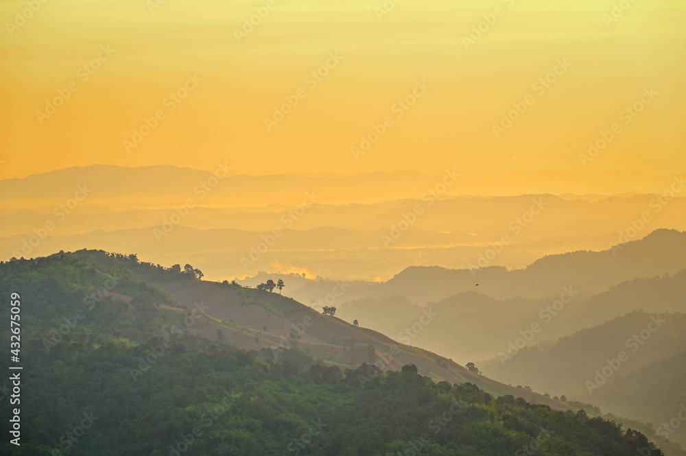 The view of sunrise at Doi Mae Salong mountains in Chiang Rai province Thailand