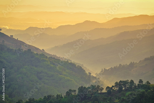 The view of sunrise at Doi Mae Salong mountains in Chiang Rai province Thailand