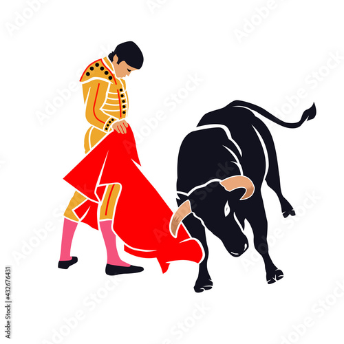 Billede på lærred spanish traditional attraction bull and matador in cartoon flat illustration vec