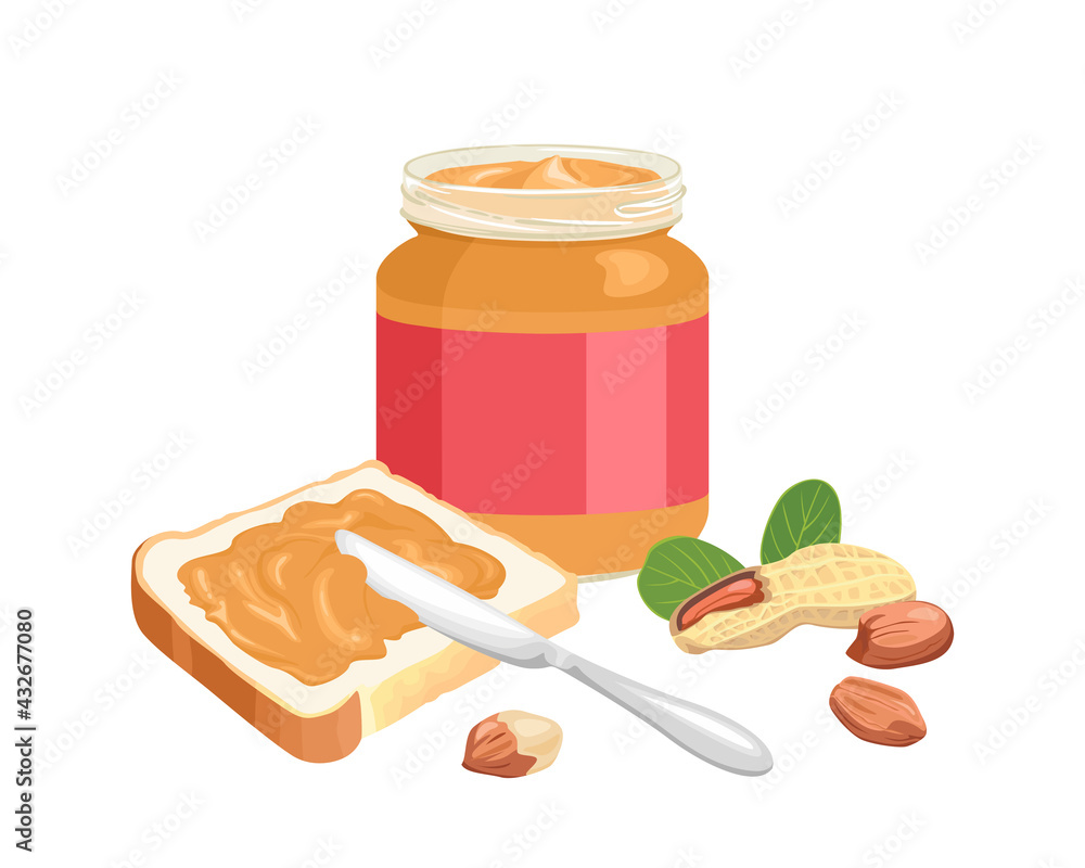Peanut butter in glass jar, toast bread with spread, knife and nuts  isolated on white background. Vector food illustration in cartoon flat  style. Stock Vector | Adobe Stock