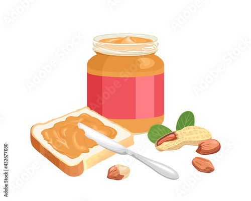Peanut butter in glass jar, toast bread with spread, knife and nuts isolated on white background. Vector food illustration in cartoon flat style.