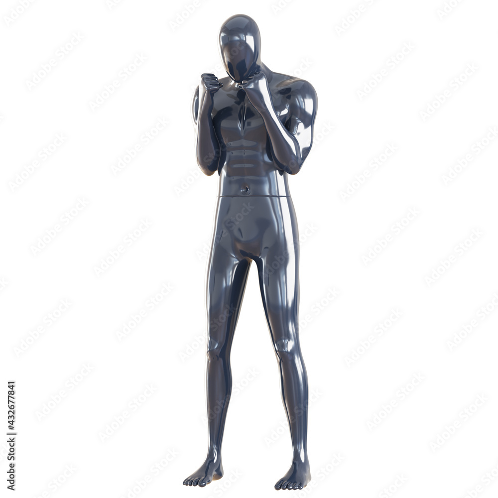 A male glossy faceless mannequin stands holding his fists in front of his face on a white background. Defensive fighting pose. 3d rendering A male glossy faceless mannequin stands holding his fists in front of his face on a white background. Defensive fighting pose. 3d rendering
