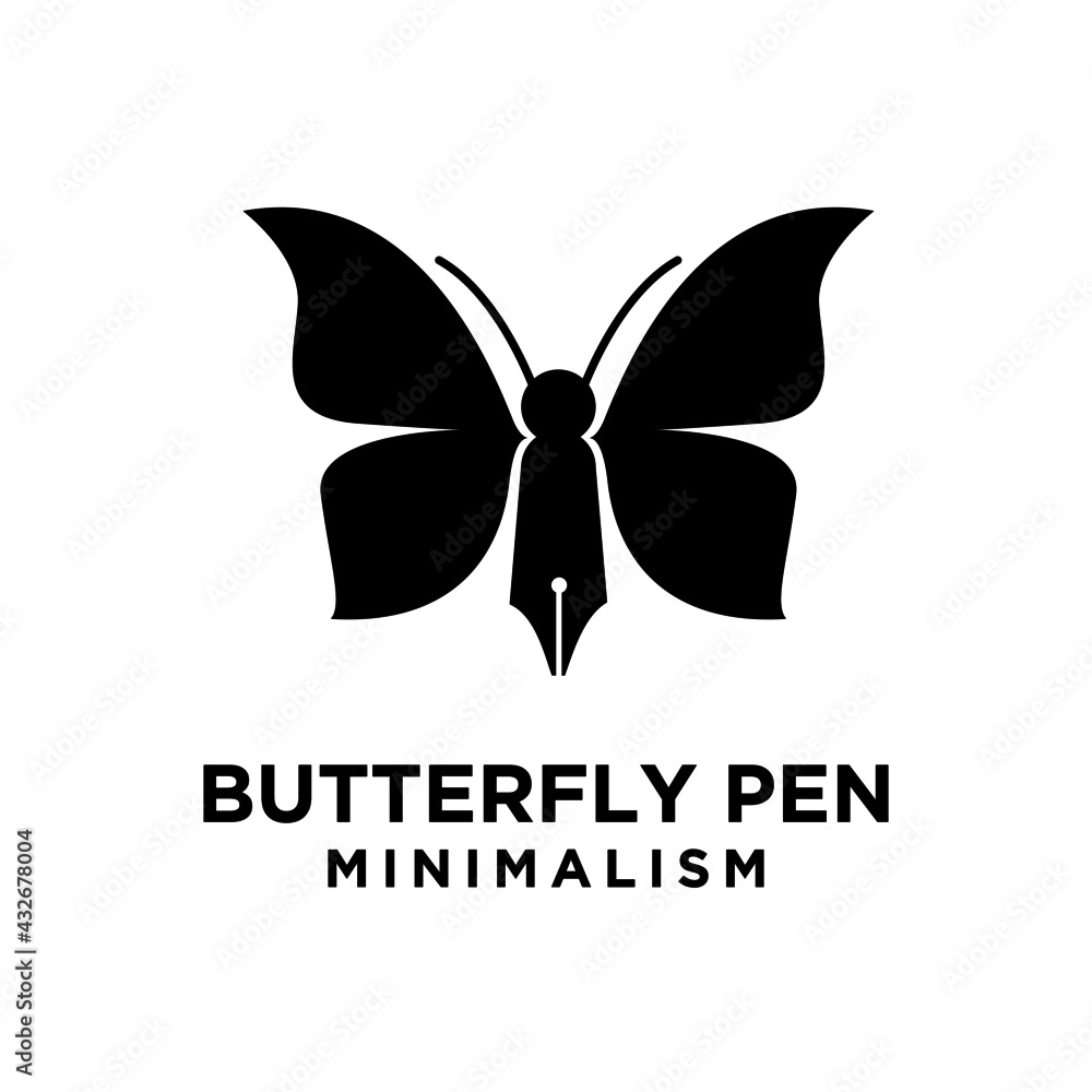 Butterfly pen concept pen with butterfly wings and antenna vector logo icon illustration design isolated background