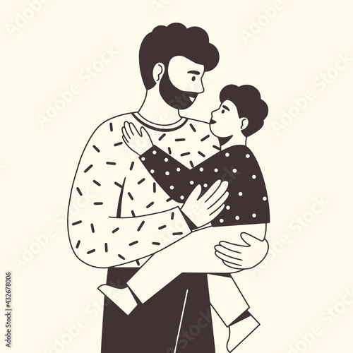 Father and child. Happy dad holding his cute baby in arms. Family spending time together. Father's day. Modern design for greeting card, poster, web or print. Flat vector illustration.