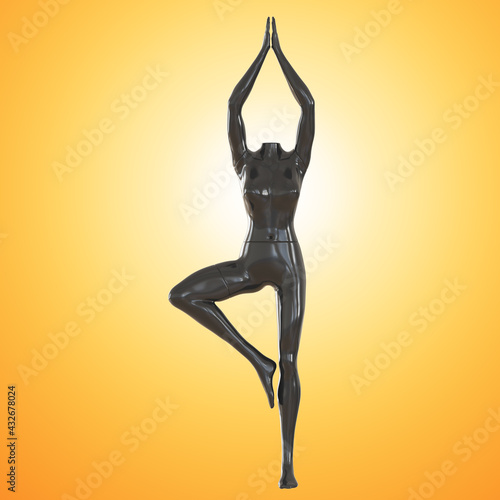 Φωτογραφία A black female headless mannequin stands in a heron pose against an orange backlit background