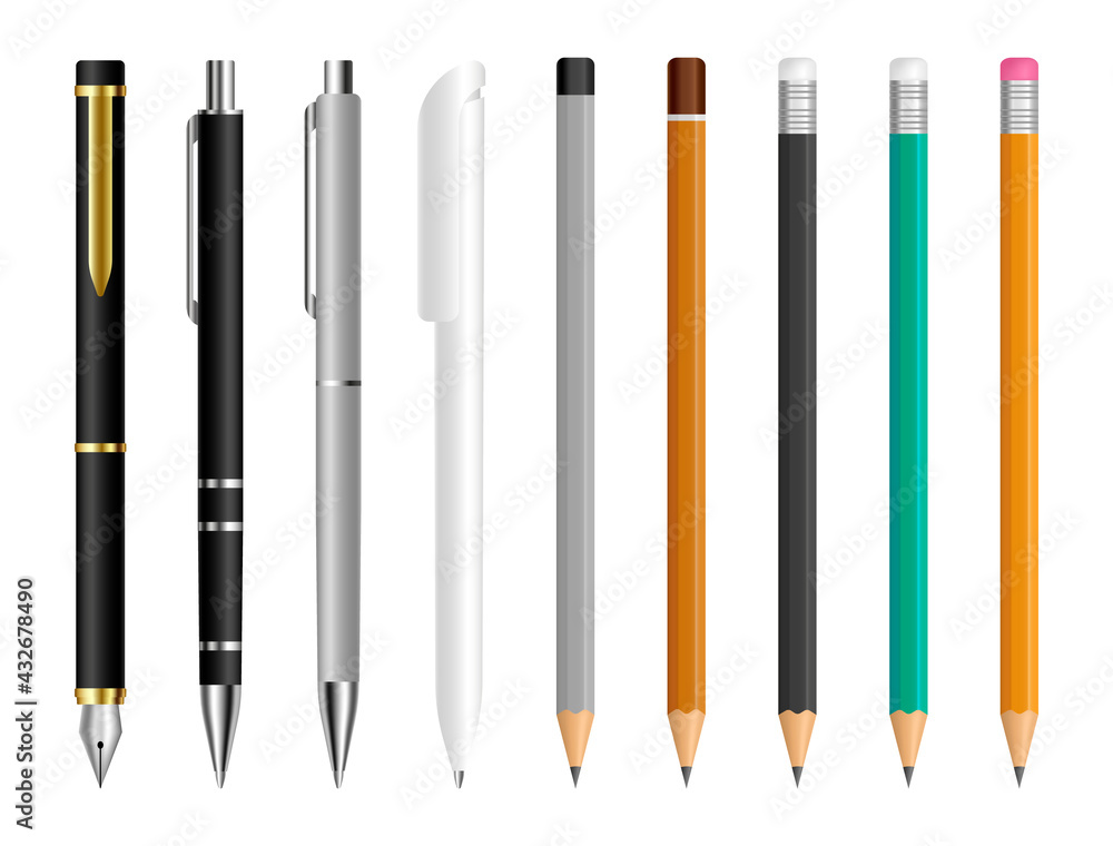 Pen and pencil set. Stationery tools for drawing and writing. Office pens  and pencils. Fountain pen, ballpoint pen and wooden pencil. School writing  items. Vector illustration. Stock-Vektorgrafik | Adobe Stock