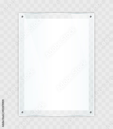 Blank poster in realistic glass frame. Rectangular photo frame. Realistic mockup glass banner on transparent background. Vector illustration.