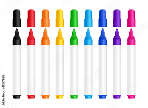 Colorful pen markers set. Realistic highlighters for drawing. Text markers collection. Colored felt-tip pens. Office stationery. Vector illustration.