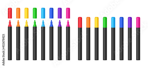 Colorful pen markers set. Realistic highlighters for drawing. Text markers collection. Colored felt-tip pens. Office stationery. Vector illustration.